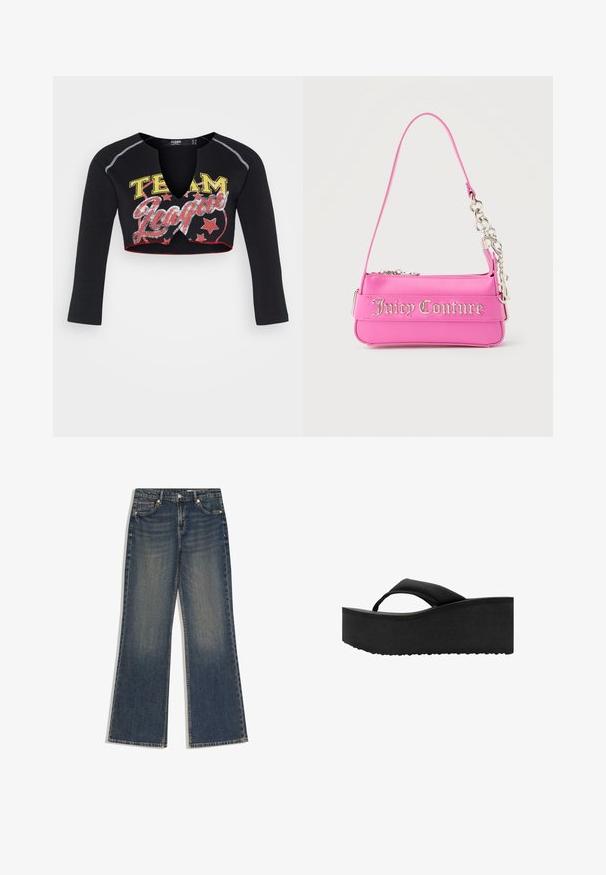 Jaded London CROPPED RAGLAN WITH CONTRAST STITCH & PLACEMENT SCREEN PRINT - T-shirt à manches longues - mehrfarbig; Jean en denim bleu foncé avec une taille haute, jambes larges et droites, fermeture à boutons et fermeture éclair à l'avant, et design à cinq poches.; Tongs noires à semelle plate épaisse et rembourrée avec une large bride sur les orteils, vues de côté sur fond blanc.; Petit sac à main Juicy Couture rose vif avec détail en chaîne argentée et lettrage du logo sur le devant, une seule bandoulière étroite.