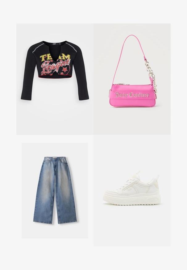 Jaded London CROPPED RAGLAN WITH CONTRAST STITCH & PLACEMENT SCREEN PRINT - Longsleeve - mehrfarbig; Lichtblauwe wijde jeans met vervaagde voorkant, vijf-zakkenmodel, knoop- en ritsluiting, plat gelegd op een witte achtergrond.; Witte leren sneakers met een stevige zool, vetersluiting en subtiele branding. Heeft een zachte textuur en een ronde neus.; Kleine felroze Juicy Couture-handtas met zilveren kettingdetail en logotekst aan de voorkant, enkele smalle schouderband.