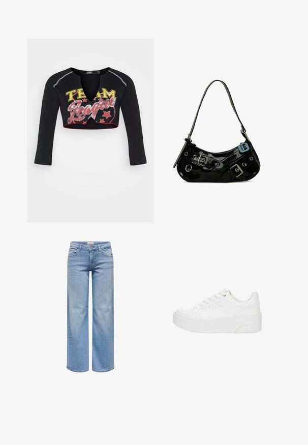 Jaded London CROPPED RAGLAN WITH CONTRAST STITCH & PLACEMENT SCREEN PRINT - T-shirt à manches longues - mehrfarbig; Jean large bleu clair avec fermeture frontale par bouton et zip, poches avant et passants de ceinture.; Baskets à plateforme blanches avec lacets à l'avant, détails perforés sur le côté et semelle épaisse, vues de profil extérieur sur un fond blanc.; Sac à main en cuir verni noir avec une forme incurvée, présentant des ferrures en argent, des boucles décoratives et une bandoulière courte. Étiquette bleue attachée.