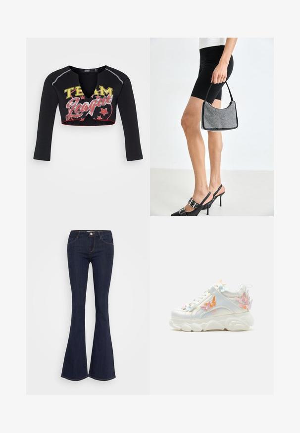 Jaded London CROPPED RAGLAN WITH CONTRAST STITCH & PLACEMENT SCREEN PRINT - Longsleeve - mehrfarbig; Donkere jeans met flare, een aansluitende taille, een sluiting met een voorbutton, een vijf-pocket ontwerp en naaddetails langs de benen.; Witte chunky sneaker met dikke zool, versierd met pastelkleurige roze, oranje en blauwe vlinderapplicaties aan de zijkanten en hiel.; Zwarte beaded handtas met een gebogen silhouet, draaghandvat en glanzende textuur. Draagt bij hoge zwarte hakken en strakke zwarte shorts.