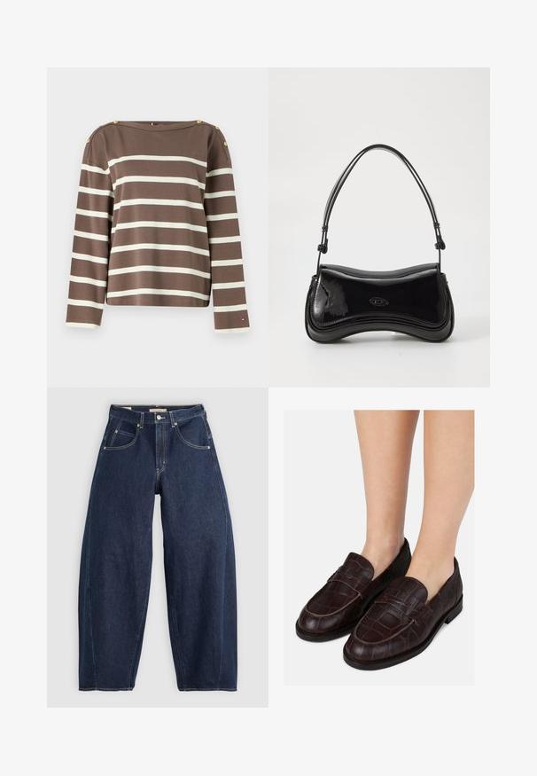Brun langærmet bluse med hvide horisontale striber, guldknapper på skuldrene og et lille logo nær manchetten på venstre ærme.; Mørkeblå denim jeans med løs pasform, lyse syninger, fem lommer og en knaplukning ved taljen.; Mørkebrun læder loafers med krokodillemønster, med flad sål og kontrastsyninger langs toppen.; Sort patentlæder håndtaske med en buet form, et enkelt håndtag og en rund bund. Har en subtil logo-detalje på forsiden.