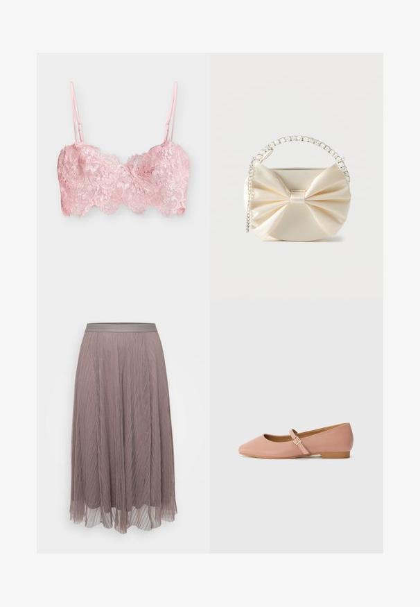 Blød lyserød blonderbralette med blomsterprint og justerbare tynde skulderstropper på en ensfarvet lys baggrund.; Plisseret midiskørt i blød mauve med en glat satin-linning. Letvægts, flydende materiale med lodrette striber og gennemsigtige lag.; Lyserød syntetisk lædersko med spids tå, lav hæl og en rem med en guldbuckle. Glat tekstur med et minimalistisk design.; Lille elfenbensfarvet satin håndtaske med stor dekorativ sløjfe, rhinstenhåndtag og sølvkædestrop på hvid baggrund.
