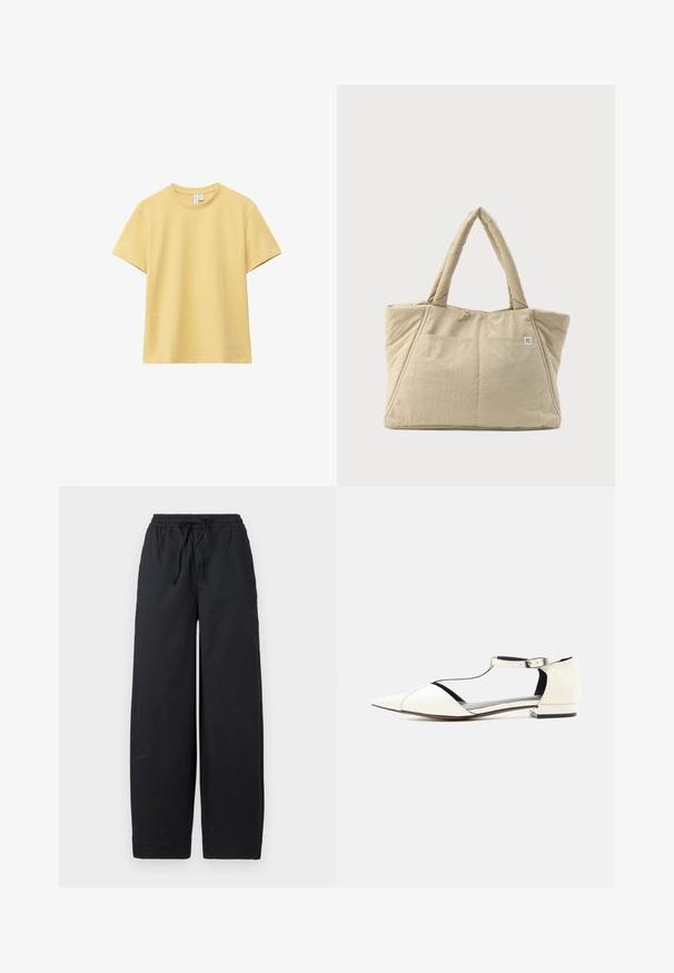 Camiseta de algodón de manga corta en amarillo claro con cuello redondo, mostrada plana sobre un fondo blanco.; Pantalones de pierna ancha negros, hechos de una tela suave, que presentan una cintura elástica con cordón y sin patrones ni acentos visibles.; Zapato plano blanco de punta puntiaguda con tira en T y hebilla en el tobillo, tacón bajo y lados recortados, exhibido sobre un fondo neutro.; Bolso tote acolchado de color beige con asas largas y un bolsillo delantero con un pequeño logo circular en una etiqueta blanca.