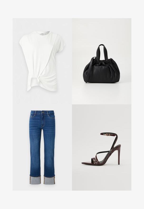 Weiße Bluse mit kurzen Ärmeln, rundem Halsausschnitt und asymmetrischem Knoten vorne, der einen gerafften Stoffeffekt erzeugt.; Blaue Denim-Jeans mit geradem Bein und aufgerollten Säumen in Hellgrau. Mittlere Leibhöhe und traditionelles Fünf-Taschen-Design.; Bordeaux-farbenes Lackleder-High-Heel-Sandale mit einem Knöchelriemen, spitzem Zehenbereich und drei horizontalen Riemen über dem Fuß. Details mit goldfarbener Schnalle.; Schwarze Lederhandtasche mit einem gerafften Oberteil, ausgestattet mit zwei kurzen Griffen und einem langen verstellbaren Schulterriemen. Glatte Textur, runde Form.