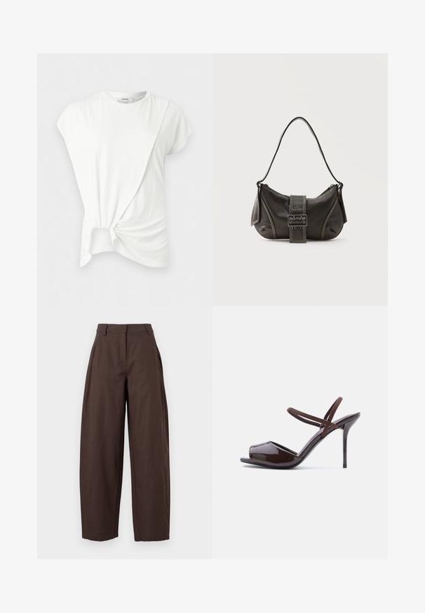 Blouse blanche à manches courtes avec encolure ronde et détail de nœud asymétrique à l'avant créant un effet de tissu froncé.; Pantalon marron taille haute à jambes larges, avec passants ceinture, poches latérales, et fermeture éclair et bouton à l'avant.; Sandale à talons hauts en cuir verni marron avec bout ouvert et doubles fines brides à la cheville sur fond blanc.; Sac à épaule en cuir noir avec une sangle à boucle, des bords arrondis et des coutures blanches contrastées sur un fond uni.