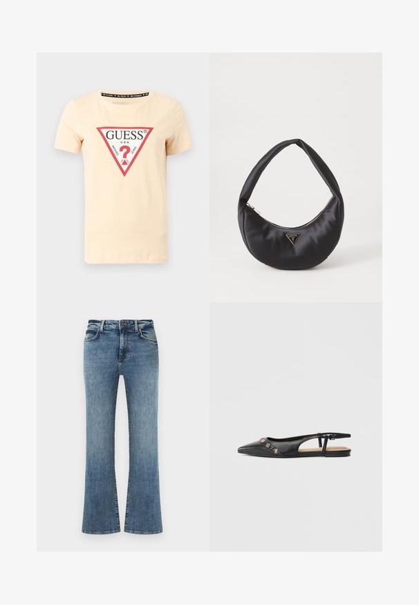 T-shirt en coton pêche clair avec un col rond, des manches courtes, et un logo graphique triangulaire "GUESS" rouge et noir sur le devant.; Jean en denim bleu avec une taille haute, fermeture à boutons et zip, poches avant, et jambes légèrement évasées.; Mocassin plat à bout pointu en cuir noir avec breloques décoratives dorées sur le dessus et une petite bride à boucle au talon.; Sac à main en satin noir avec une forme courbée, doté d'une fermeture à glissière et d'un logo triangulaire en métal à l'avant. Texture lisse et design épuré.