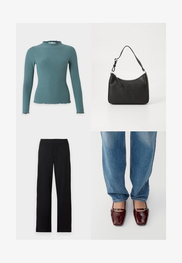 Pull côtelé bleu sarcelle à manches longues avec col montant et détails festonnés sur les poignets et l’ourlet, présenté sur fond blanc.; Pantalon noir à jambes droites avec passants de ceinture et braguette zippée, présenté sur fond blanc.; Chaussures en cuir verni bourgogne avec un bout carré et une bride à la cheville, associées à un jean bleu clair à coupe décontractée. Les chaussures ont une finition brillante.; Sac à main en cuir noir avec une forme courbée, une seule sangle, fermeture éclair et un logo discret à l'avant. Texture lisse, design minimaliste.