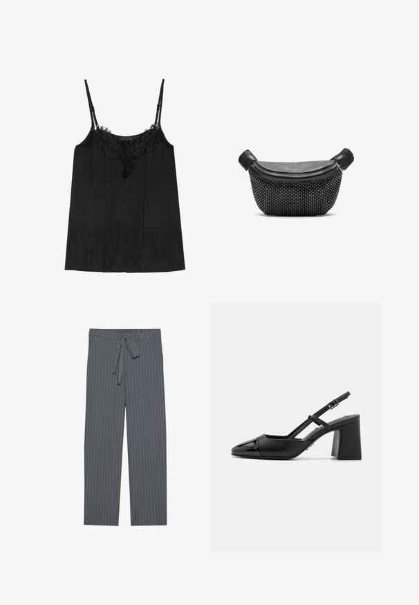 Sort camisole med justerbare spaghetti-stropper, prydet med en blondekant langs halsudskæringen og plisseret tekstur i hele stoffet.; Grå stribede bukser med elastisk talje, bindebånd og løs pasform. Lavet af et glat stof, de har lodrette striber.; Sorte patentlæder slingback hæle med spids tå, blokhæl og justerbar rem. Glat tekstur og minimalistisk design.; Sort håndtaske med en glat læderoverdel og en struktureret bund dækket af sølvnitter, med lynlås lukning og dobbelthåndtag.
