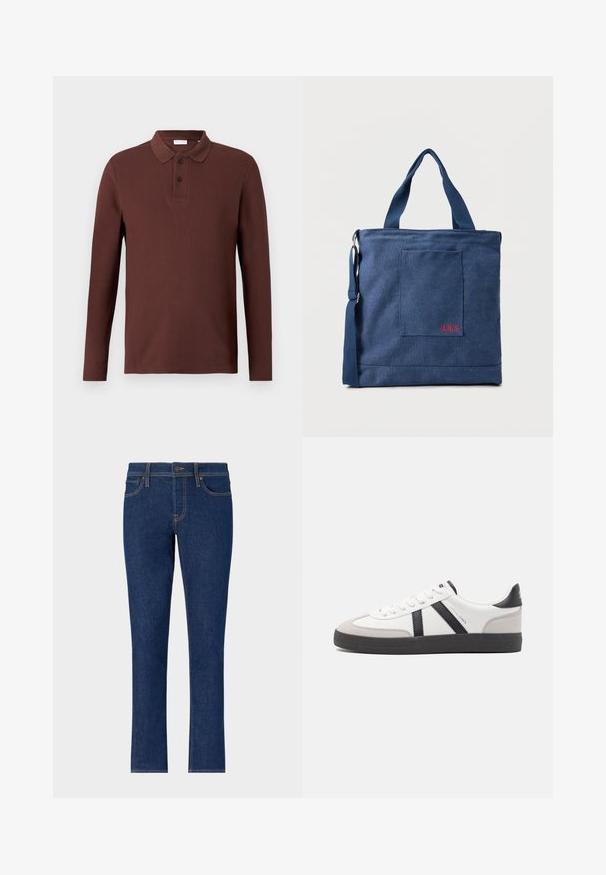 Bruine langslijfs polohemden met een gestructureerde stof, een drie-knopen sluiting en een klassieke kraag. Geen zichtbare logo's of patronen.; Donkerblauwe denim jeans met een recht model, voorzien van subtiele stiksels, vijf zakken en een knoopsluiting bij de taille.; Witte sneaker met zwarte en grijze accenten, voorzien van een grijze neus met textuur, zwarte rubberen zool en platte witte veters. Schoon ontwerp, minimalistische stijl.; Blauwe canvas tas met voorvak en rode "O.N.S" borduring, voorzien van dubbele handvatten en een verstelbare schouderriem.