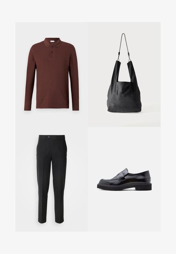 Bruine langslijfs polohemden met een gestructureerde stof, een drie-knopen sluiting en een klassieke kraag. Geen zichtbare logo's of patronen.; Lindbergh Broek - black melange; Zwarte leren instapschoen met een strak ontwerp, ronde neus en een dikke, gestructureerde rubberen zool. Heeft een decoratieve band over de voorkant.; Zwart zachte stoffen draagtas met brede handvatten en een dunne zwart-witte gevlochten schouderriem.