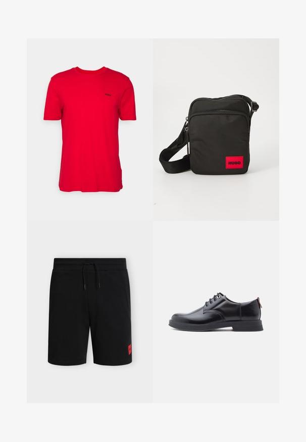 HUGO DERO - Lihtne T-särk - open pink; Mustad põlvpikad lühikesed püksid elastse vöökohaga ja nööriga, alumisel vasakul jalal väike punane ristkülikukujuline logo.; Mustad nahast paeltega kingad, millel on sile tekstuur, ümar nina ja peen õmblusdetail. Kandjal on punane tõmblint kandlas.; Must musta ristiööde kott, millel on punane ristkülikuline logo silt, lukuga sektsioonid, reguleeritav rihm ja tekstureeritud pind.