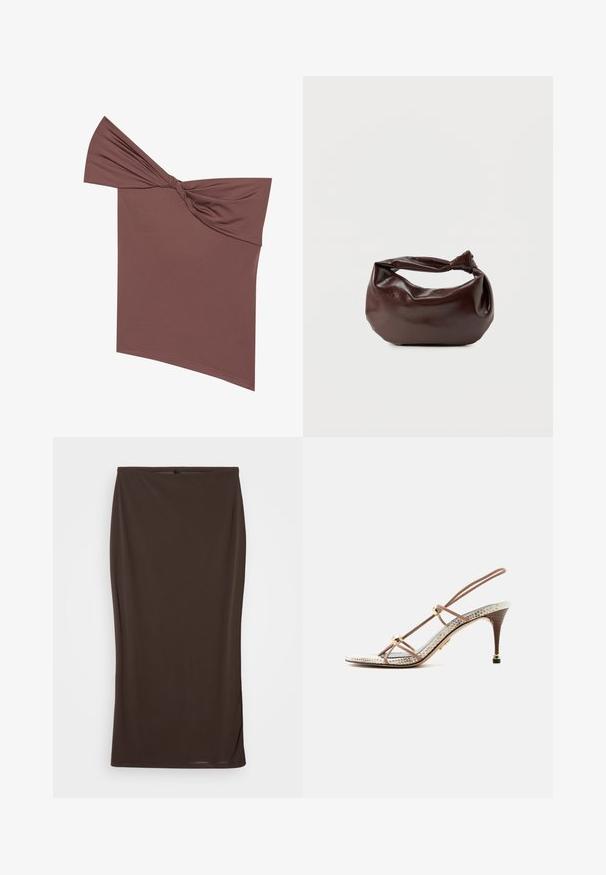 Haut marron torsadé à épaules dénudées en tissu lisse et extensible. Présente un design asymétrique avec un détail de nœud sur un côté.; Jupe midi marron en tissu extensible, design ajusté, texture lisse et apparence simple et sans embellissement.; Sandale à talon haut motif peau de serpent beige et marron avec fines lanières et perles dorées, talon en bois fin avec embout doré.; Sac bandoulière en cuir marron foncé avec une forme souple et décontractée et une anse nouée torsadée sur un fond blanc uni.
