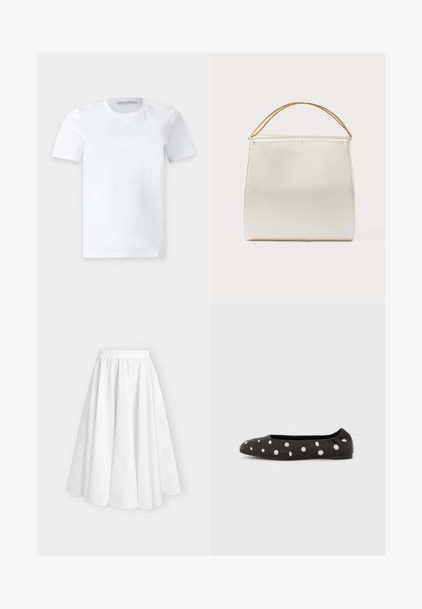 T-shirt blanc uni à manches courtes et col rond avec une petite étiquette de marque à l'intérieur du col portant la mention "Tiger of Sweden."; Jupe blanche longueur cheville avec taille élastique froncée et silhouette évasée et volumineuse sur fond uni.; Chaussure ballerine noire à bride élastique à l'arrière, ornée de gros clous ronds argentés dispersés sur le dessus, vue de profil sur fond blanc.; Sac à main structuré en finition satinée, de couleur crème, avec une bandoulière chaîne. Présente une texture plate et lisse ainsi que des coutures nettes.