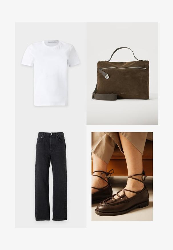 Enkelt hvid t-shirt med korte ærmer og rund hals med et lille mærke inden i kraven med teksten "Tiger of Sweden."; Sorte denim jeans med lige ben, med en høj talje, fem lommer og metalliske knapper. Glat, let struktureret stof.; Fødder iført brune læder snøresko med bånd viklet omkring anklerne, beige korte bukser, siddende på en brun sofa.; Brun ruskind rektangulær håndtaske med tophåndtag, front lynlås lomme og justerbar stof skulderrem på en hvid baggrund.