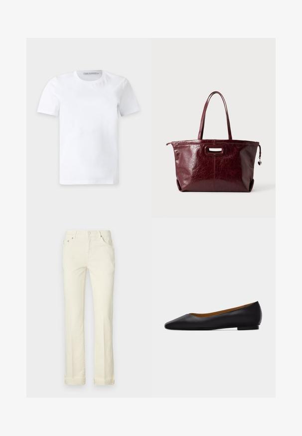 T-shirt blanc uni à manches courtes et col rond avec une petite étiquette de marque à l'intérieur du col portant la mention "Tiger of Sweden."; Jean droit jaune pâle en coton, avec une coupe cinq poches, des passants de ceinture et des poignets retroussés à l'ourlet.; Chaussure plate en cuir noir à bout pointu avec talon bas et finition lisse, vue de côté sur un fond gris clair.; Sac cabas en cuir rouge foncé avec longues anses, prise rectangulaire découpée, et breloque en forme de cœur sur la fermeture éclair.