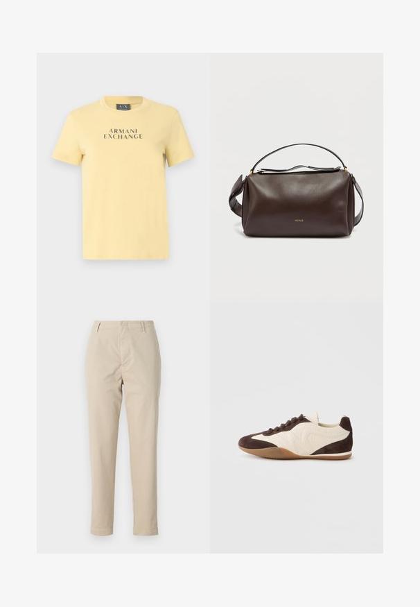 Gelbes Baumwoll-T-Shirt mit rundem Ausschnitt und kurzen Ärmeln, vorne mit dem Schriftzug "ARMANI EXCHANGE" in kontrastierendem Grau bedruckt.; Beige Baumwollhose mit geradem Schnitt, Gürtelschlaufen und Reißverschluss. Der Stoff hat eine glatte Textur und keine sichtbaren Muster oder Akzente.; Brauner und cremefarbener Sneaker mit einer Mischung aus strukturierten und glatten Materialien, niedrigem Profil, Schnürdesign und einer Kautschuksohle.; Braune Leder-Umhängetasche mit strukturiertem Design, ausgestattet mit einem goldenen Logo, einem Reißverschluss oben und einem abnehmbaren Riemen. Glatte Textur.