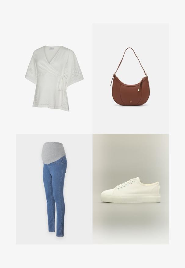 Witte wikkelblouse met korte mouwen van opengewerkt stof, V-hals en zijstriksluiting.; Zwangerschapsjeans met een fitted ontwerp, blauwe denimstof en een zachte grijze jersey tailleband voor comfort. Inclusief achterzakken en een slim fit.; Witte lage canvas sneaker met veters aan de voorkant en dikke, getextureerde rubberen zool op een neutrale achtergrond.; Bruine faux leren schoudertas met een gebogen vorm, minimale stiksels en een gouden hardware-accent. Voorzien van een bovenste ritsluiting en een verstelbare schouderband.