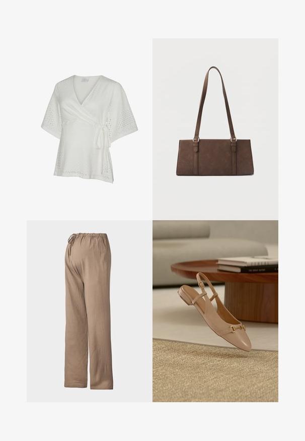 Blouse blanche à manches courtes en tissu ajouré, avec col en V et fermeture par nouage sur le côté.; Pantalons de couleur brun clair, à coupe ample avec une taille élastique et un lien réglable, fabriqués en tissu doux, affichant un design à jambes droites.; Chaussure plate beige en cuir à bride arrière avec détail de boucle dorée, positionnée en plein air au-dessus d'un tapis tissé, d'une table basse en bois et de livres empilés en arrière-plan.; Sac à bandoulière rectangulaire marron avec longues sangles et détails de couture minimalistes sur un fond uni.