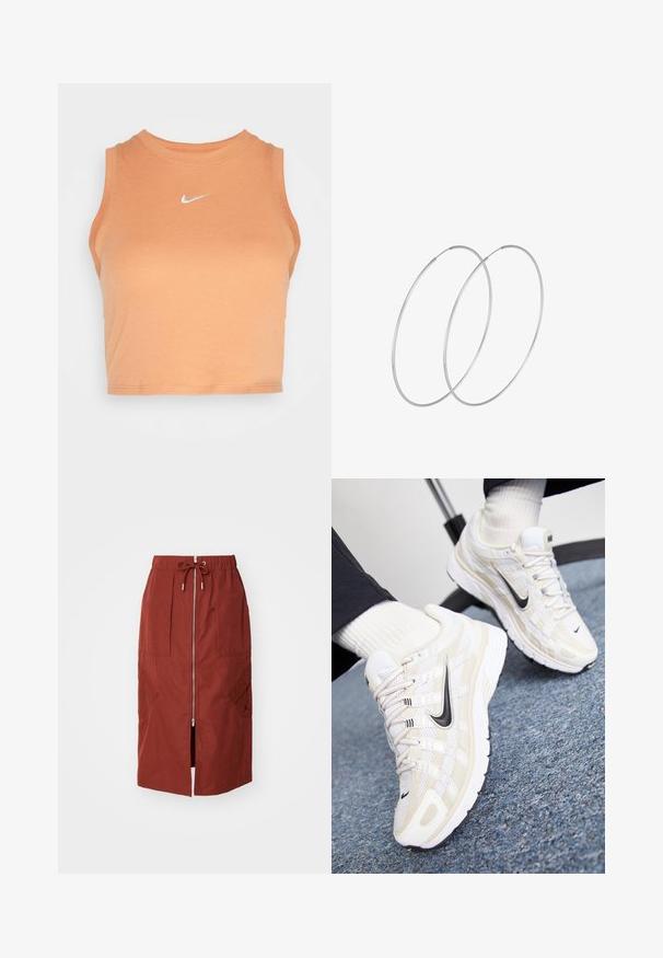 Nike Sportswear TANK - Top - amber brown/sail; Midikleid in terrakottarot, mit einem Frontreißverschluss, elastischem Bund mit Kordelzug und seitlichen Taschen mit geometrischem Design.; Weiße und beige Nike-Sneaker mit einem Obermaterial aus Mesh, strukturiertem Overlay, schwarzem Swoosh und einer gepolsterten Sohle mit rutschfester Außensohle.; Silberne Creolen mit minimalistischem Design. Rundform, glatte Oberfläche und dünnes Profil. Leichtgewichtig mit hochglänzender Oberfläche.