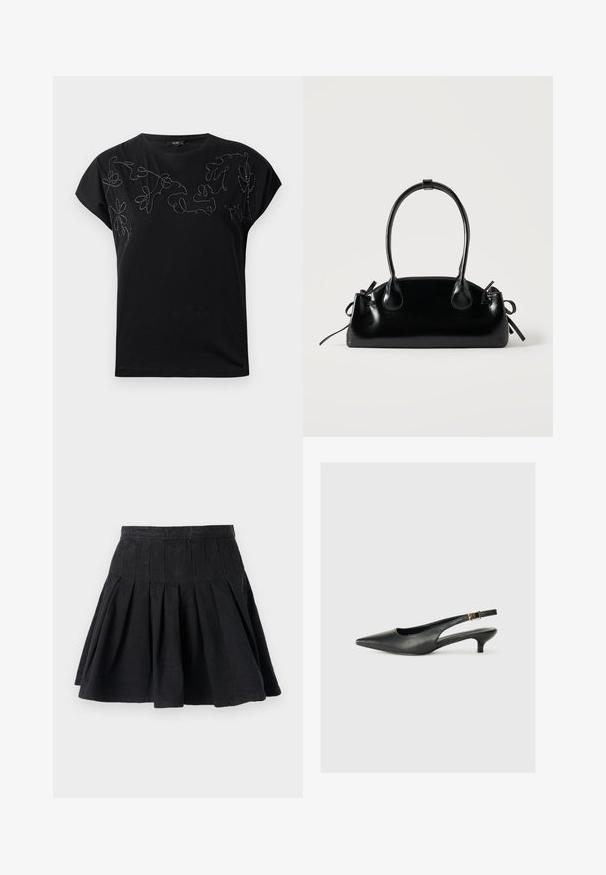 Musthave musta lühikeste varrukatega T-särk, ümmarguse kaelusega, millel on rinnal must-valge lõngaga broderi abstraktsed lillemotiivid.; Must have mustriga mustainest puuvillakangast. Omab istuvat vööd ja laienevat äärist. Lihtne disain ilma nähtavate mustrite või kaunistusteta.; Must musta säärega king, mis on valmistatud siledast nahast. Omab peenikest kontsa ja reguleeritaval rihmal on pandla detail.; Väike must läikiv käekott kahe pika sangaga ja külgedel paelakinnitustega, ühel lihtsal helel taustal.