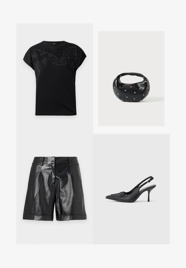 T-shirt noir à manches courtes avec col rond et broderie florale abstraite en fil noir et blanc cousu sur la poitrine.; Shorts en cuir noir avec une finition brillante, des plis avant et un ourlet roulé. Design épuré avec une taille ajustée et un matériel minimal.; Escarpin en cuir noir à talon aiguille avec un bout pointu, une bride latérale à boucle, des clous le long du bord et un laçage décoratif à l'avant.; Sac à main en cuir noir de forme arrondie, décoré de clous argentés et équipé d'une poignée courte. Texture lisse et fermeture éclair.