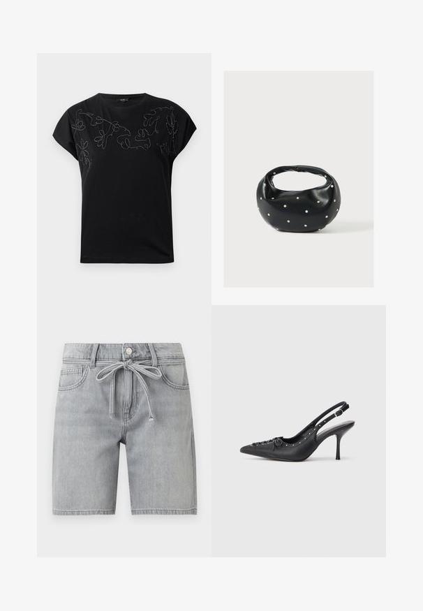 T-shirt noir à manches courtes avec col rond et broderie florale abstraite en fil noir et blanc cousu sur la poitrine.; Short en jean gris clair avec poches avant, passants de ceinture, fermeture par bouton et ceinture en tissu assorti à la taille.; Escarpin en cuir noir à talon aiguille avec un bout pointu, une bride latérale à boucle, des clous le long du bord et un laçage décoratif à l'avant.; Sac à main en cuir noir de forme arrondie, décoré de clous argentés et équipé d'une poignée courte. Texture lisse et fermeture éclair.