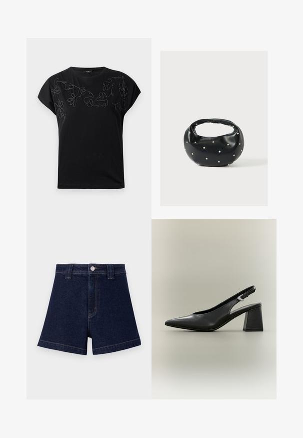 Sort kortærmet T-shirt med rund hals og abstrakt blomsterbroderi i syet sort og hvid tråd over brystet.; Mørkeblå denimshorts med klassisk snit, fem-lomme design og kontrastfarvet gul syning samt metalknaplukning.; Sort lædersko med slingback, spids tå, sølvspænde og kraftig blokhæl på en neutral baggrund.; Sort læderhåndtaske med en rundet form, dekoreret med sølvnitter, og et kort håndtag. Glat tekstur og lynlåslukning.