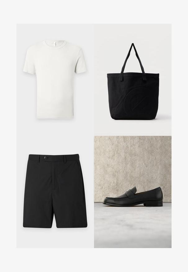T-shirt blanc uni à manches courtes et col rond, étalé à plat sur un fond gris clair, avec une petite étiquette en tissu au niveau du col.; Shorts noirs en tissu léger, dotés d'une fermeture à bouton, de deux poches latérales et d'une coupe droite. Texture lisse et design simple.; Mocassin en cuir noir flottant au-dessus d'un tapis beige avec une table ronde brune brillante en arrière-plan.; Sac fourre-tout en toile noire avec deux bandoulières et un motif circulaire discret en relief sur le devant.