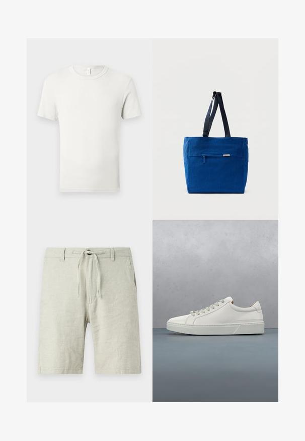 Einfaches weißes T-Shirt mit kurzen Ärmeln und Rundhalsausschnitt, flach auf einem hellgrauen Hintergrund ausgebreitet, mit einem kleinen Stoffetikett am Kragen.; Helle graue Leinen-Shorts mit elastischem Kordelzugbund, Seitentaschen und lockerer Passform. Texturiert mit leichtem Schimmer.; Weißes Leder-Sneaker mit abgerundetem Zehenbereich, minimalistisches Design, graue Schnürsenkel und einer strukturierten grauen Gummisohle. Dezente Nähte sichtbar.; Blaue Canvas-Einkaufstasche mit einer vorderen Reißverschlusstasche, doppelten Schulterriemen und rechteckiger Form. Verfügt über ein dezentes Markenlabel.