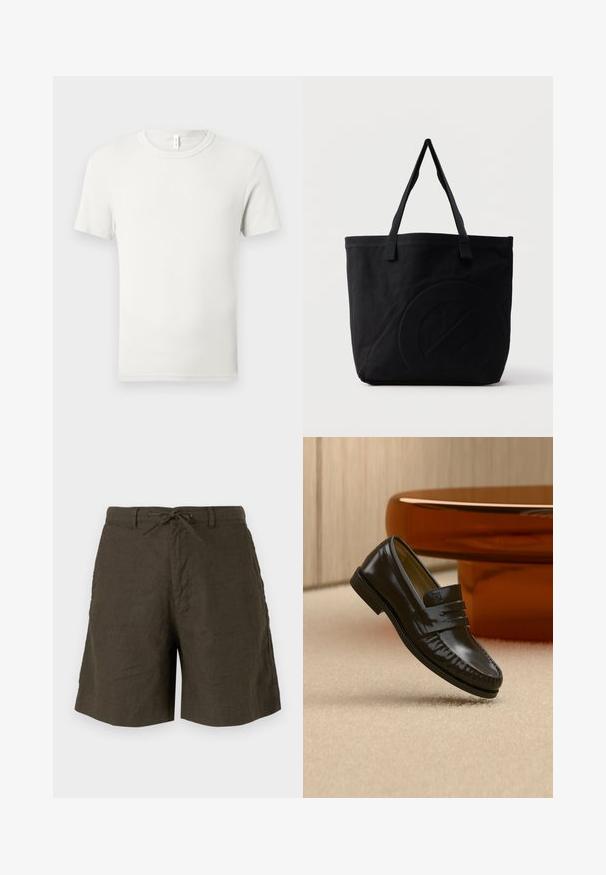 Hvid kortærmet T-shirt med rund hals lagt fladt på en lysgrå baggrund med en lille stofmærkat ved kraven.; Kaki shorts lavet af hør, med elastisk talje, sidelommer og en afslappet pasform med en glat tekstur.; Skinnende sort læderloafer med remdetalje, placeret på beige tæppe nær et rundt brunt sofabord i et blødt oplyst rum.; Sort canvas-tote-taske med to skulderstropper og et diskret præget cirkeldesign på fronten.