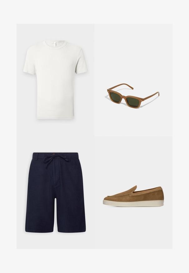 Hvid kortærmet T-shirt med rund hals lagt fladt på en lysgrå baggrund med en lille stofmærkat ved kraven.; Marineblå shorts lavet af et let materiale, med elastisk talje, knaplukning og sidelommer. Glat tekstur og skræddersyet pasform.; Lysebrun ruskinds slip-on sko med hvid gummisål, minimal syning og lavprofildesign på en ensfarvet lys baggrund.; Brune acetat solbriller med mørkegrønne linser, rektangulær form og guld accenter på stængerne. Glat struktur, minimalistisk design.