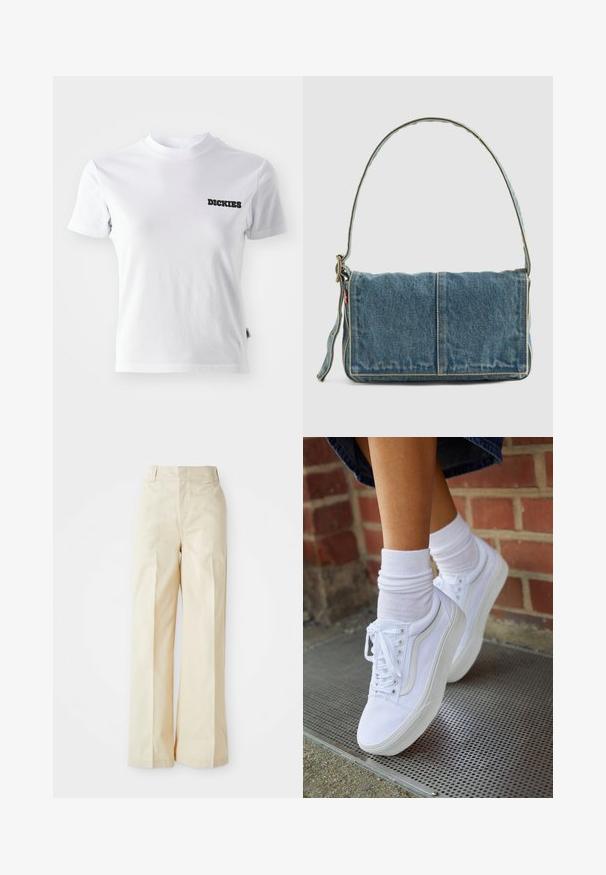Valge lühikeste varrukatega T-särk, mis on valmistatud puuvillast, ümmarguse kaelusega ja musta "DICKIES" logoga vasakul rinnal. Sile tekstuur ja hästi istuv disain.; Beez värvi laiad püksid kõrge vöökohaga, sujuva kangaga ja korralikult pressitud eesrihmadega, valge ühtlase tausta ees.; Valged kanvas tennisikud kummitaldadega, kuue silmaga, ümmarguse varbaga ja kergete tikandite detailidega, koos valgete pahkluusokkidega.; Denim õlakott volditud disainiga, helesinine värv, nähtavad õmblused, reguleeritav sang ja külgmine silt.
