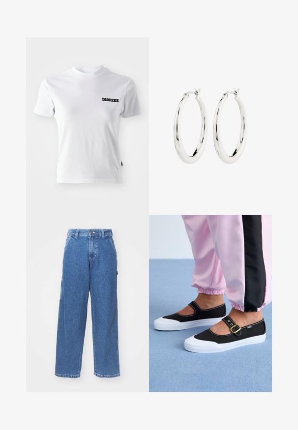 Valge lühikeste varrukatega T-särk, mis on valmistatud puuvillast, ümmarguse kaelusega ja musta "DICKIES" logoga vasakul rinnal. Sile tekstuur ja hästi istuv disain.; Sinine denim laiad püksid kõrge vöökohaga, nööbiga kinni laskmine ja küljetaskud. Pleekinud pesu pehme tekstuuriga ja sirge lõikega.; Mustad mustad jalanõud valge tallaga, millel on lõikekujundus ja kuldne pannal. Kombineeritud roosade treeningpükstega.; Hõbedased rõngaskõrvarõngad siledast ja läikivast viimistlusest. Ringikujuline, sisaldab kindlat kinnitust. Lihtne ja elegantne disain.