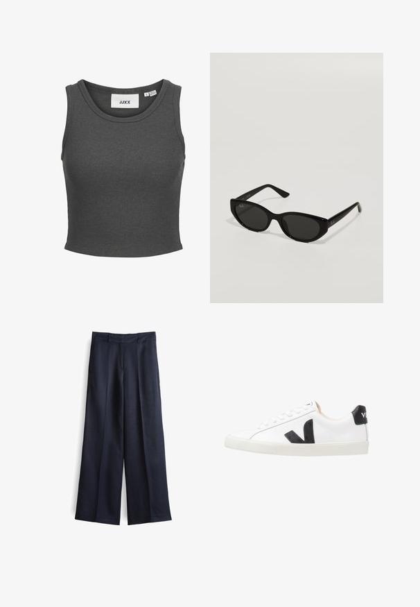 Donkergrijs geribd mouwloos crop-top met ronde halslijn en merkembleem "JJXX" aan de binnenkant van de kraag.; Wijd uitlopende broek in donker marineblauwe stof met een soepele textuur, voorzien van een voornaad, riemlussen en een op maat gemaakte tailleband.; Witte sneaker met een zwart V-logo, voorzien van een gladleren bovenwerk, ronde neus, vetersluiting en een contrasterende zwarte hieltab.; Zwarte zonnebril met een smal, kattenoogvorm. Gemaakt van glad plastic, met donkere glazen en subtiele logo-accenten op de veren.