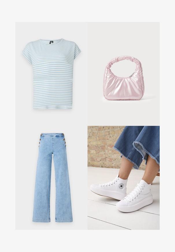 Lyseblå stribet t-shirt lavet af blødt bomuld. Har korte ærmer og en rund halsudskæring. Vandre striber i varierende bredder.; Lyseblå denim bredbenede jeans med høj talje, prydet med metalknapdetaljer langs siderne og en glat, let slidt tekstur.; Person iført hvide høje Converse-sneakers med tykke såler og beskårne blå jeans med flossede kanter mod en murstensvæg og hvidt gulv.; Rosa, polstret håndtaske med afrundet design, lavet af skinnende materiale. Har et samlet håndtag og en lynlås til sikker adgang.