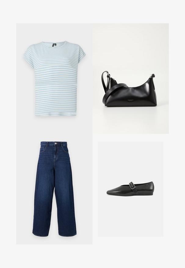 Helles blau gestreiftes T-Shirt aus weicher Baumwolle. Mit kurzen Ärmeln und rundem Ausschnitt. Horizontale Streifen in unterschiedlichen Breiten.; Hellblaue weite Denim-Jeans mit hoher Taille, fünf Taschen und einem Knopfverschluss. Der Stoff hat eine glatte Textur mit dezentem Verblassen.; Schwarze Lederflachschuhe mit spitzem Zehenbereich, ausgestattet mit einem metallischen Riemen über dem Spann und einer niedrigen, flexiblen Sohle.; Schwarze lederne Handtasche mit glatter Textur. Verfügt über einen verstellbaren Riemen und ein elegantes, minimalistisches Design mit einem Reißverschluss.