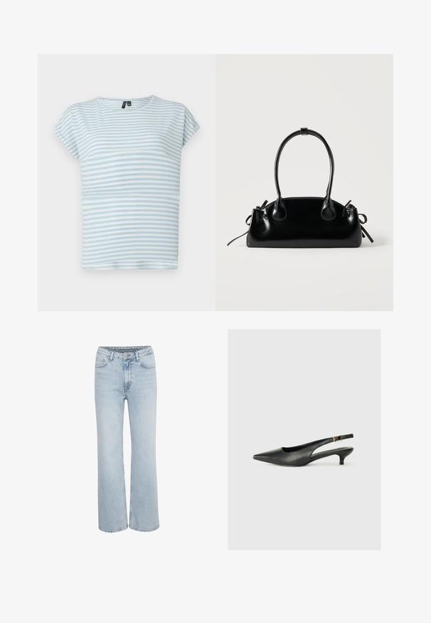 Helles blau gestreiftes T-Shirt aus weicher Baumwolle. Mit kurzen Ärmeln und rundem Ausschnitt. Horizontale Streifen in unterschiedlichen Breiten.; Helle blaue, hochgeschnittene Denim-Jeans mit weitem Bein, vorderem Knopf- und Reißverschluss sowie fünf Taschen.; Schwarzer Slingback-Schuh mit spitzem Zehenbereich aus glattem Leder. Mit einem dünnen Absatz und einer dekorativen Schnalle am verstellbaren Riemen.; Kleine schwarze glänzende Handtasche mit zwei langen Griffen und seitlichen Kordelzug-Details vor einfachem hellem Hintergrund.
