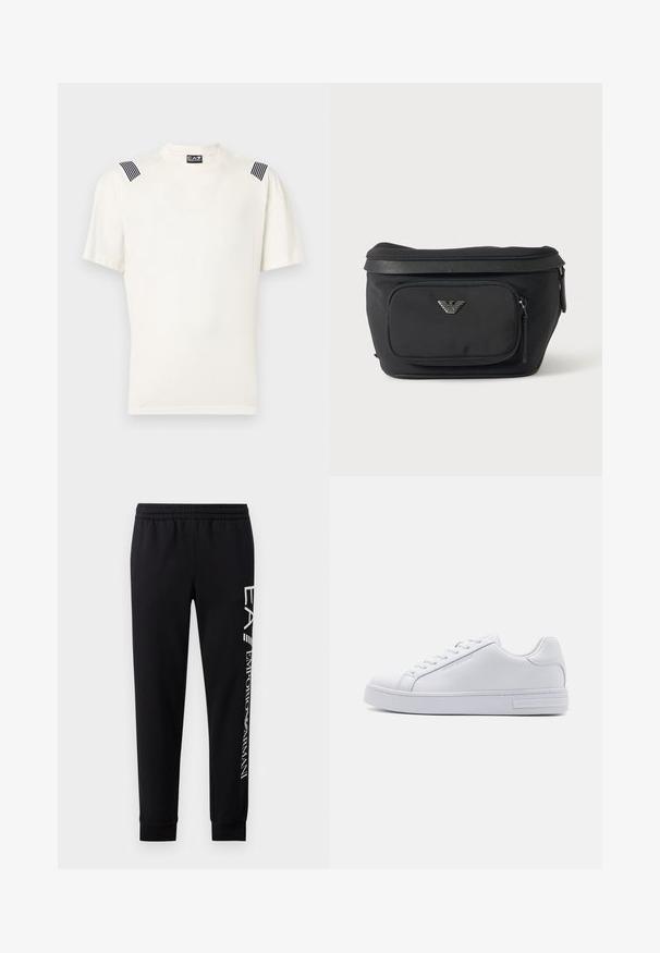 Camiseta blanca de algodón con mangas cortas, que presenta acentos de rayas negras en los hombros y un sutil logotipo de la marca en el centro.; Pantalones de chándal negros hechos de una mezcla de algodón, con una cinturilla elástica, piernas estrechas, puños acanalados y estampado de logo blanco en el lateral.; Zapatilla de cuero blanca con una textura suave, puntera redonda, cierre de cordones en la parte delantera y suela de goma plana. Presenta un logo en relieve en el talón.; Riñonera negra con bolsillo frontal con cremallera y logo de águila plateado, tela lisa con ribete texturizado y tiradores de cremallera.