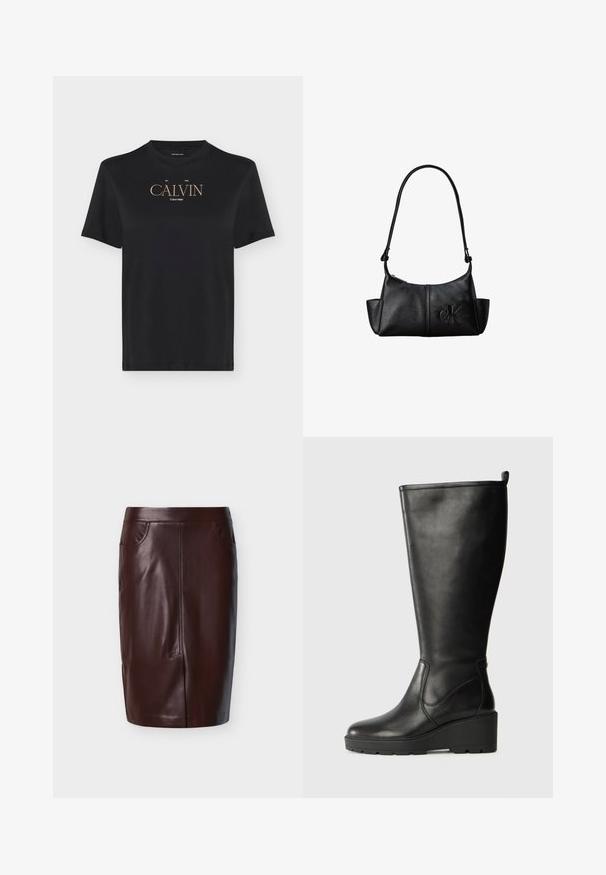 Schwarzes T-Shirt mit kurzen Ärmeln und Rundhalsausschnitt, mit beigem "CALVIN" und kleinem weißem "Calvin Klein" Schriftzug auf der Brust bedruckt.; Brauner Leder-Bleistiftrock mit glatter Textur, zwei seitlichen Taschen und vorderer Nahtdetailierung, entworfen für eine schlanke Passform.; Schwarze Lederstiefel bis zum Knie mit Keilsohle, glatter Textur, nahtlosem Design und einem kleinen Ziehband oben für einfaches Anziehen.; Schwarze Leder-Schultertasche mit langem Träger, Seitentaschen und eingeprägtem Calvin Klein-Logo auf der Vorderseite.