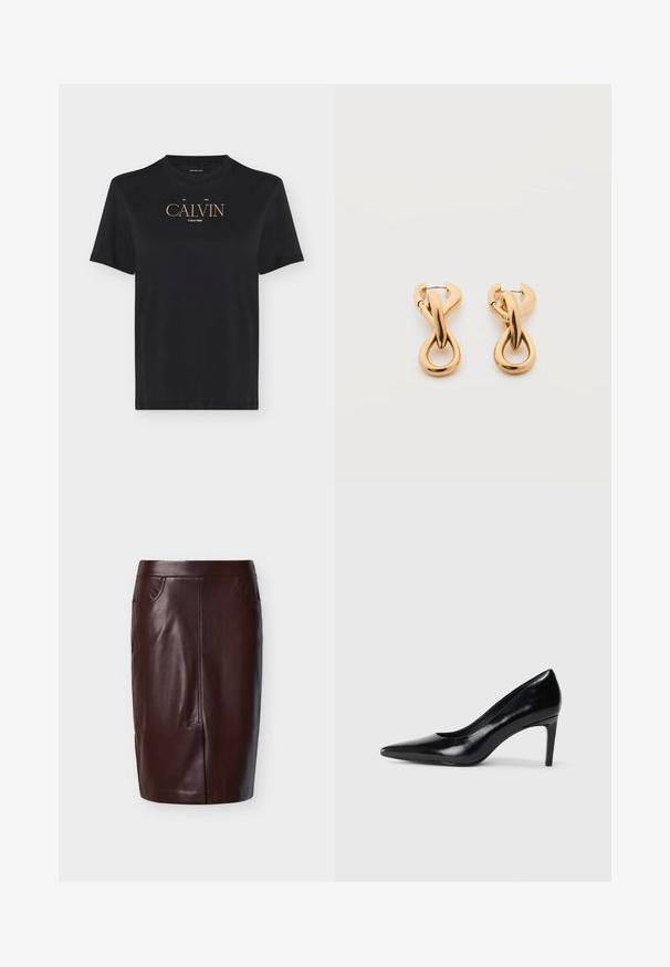 Sort t-shirt med korte ærmer og rund halsudskæring med beige "CALVIN" og lille hvid "Calvin Klein" tekst trykt på brystet.; Brun læderblyantskørt med glat tekstur, med to sidelommer og syninger foran, designet til en tætsiddende pasform.; Sort læder højhælede sko med spids tå, glat tekstur og en taperet hæl. Minimalistisk design uden yderligere udsmykninger.; Par af skinnende guldfarvede hoop-øreringe med snoet, flettet design på en enkel hvid baggrund.
