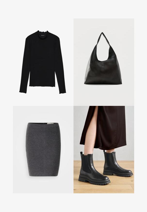 Sort langærmet top lavet af ribbet stof, med en rynket mock halsudskæring og rå kantkanter for et tekstureret udseende.; Grå uld blyantskirt med en glat tekstur og tætsiddende design, med en diskret talje og uden synlige udsmykninger.; Sorte læderankelstøvler med elastiske sidepaneler, chunky gummisåler og hæltrækstropper; kombineret med en mørkebrun midikjole.; Sort skuldertaske i glat læder med en bred, enkelt strop og et afslappet, minimalistisk design mod en ensfarvet baggrund.