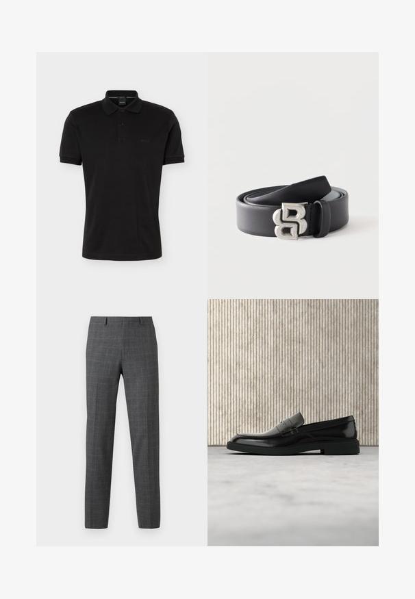 Polo noir à manches courtes avec col et patte de boutonnage à deux boutons, arborant un logo BOSS discret sur la poitrine, présenté sur un fond uni.; Pantalons à carreaux gris avec une coupe ajustée, présentant une texture lisse, des jambes droites et des détails de couture subtils.; Mocassin en cuir noir poli flottant au-dessus d'un tapis beige avec un mobilier translucide orange en arrière-plan.; Ceinture en cuir noir enroulée avec une boucle métallique argentée présentant un design stylisé double "B" sur fond blanc.