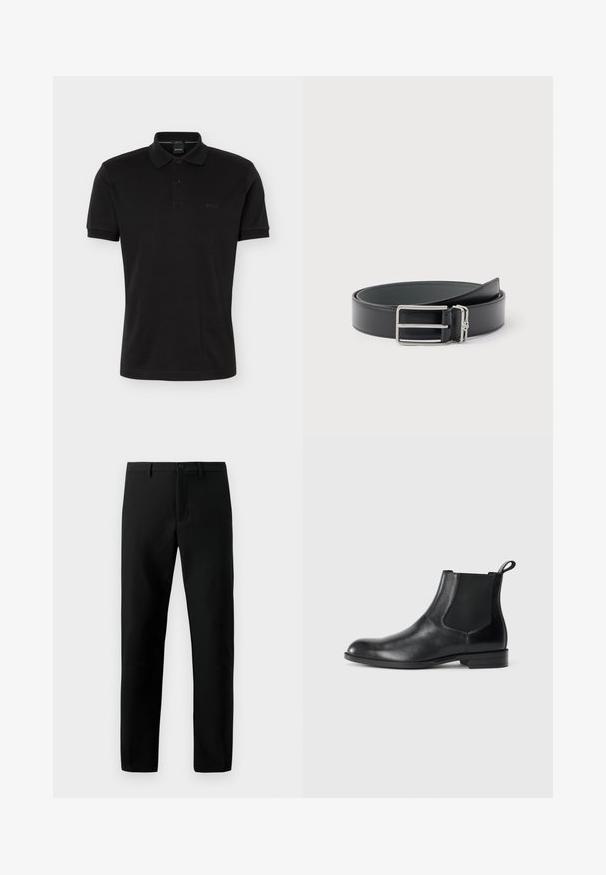 Camiseta polo negra de manga corta con cuello y tapeta de dos botones, con un sutil logo BOSS en el pecho, presentada sobre un fondo liso.; Pantalones negros de tela suave, con cierre de botón, diseño de pierna recta y sin patrones visibles, con líneas limpias.; Botín negro de cuero hasta el tobillo con paneles elásticos a los lados, punta redondeada y lengüeta. Textura suave, suela plana, diseño minimalista.; Cinturón de cuero negro con una hebilla rectangular plateada y un pequeño aro plateado adjunto, enrollado sobre un fondo blanco.
