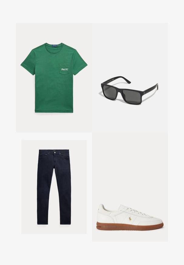 Grøn t-shirt med korte ærmer og rund halsudskæring med en brystlomme foran broderet med teksten "Polo RL".; Mørkeblå denimjeans med en slank pasform. Har fem lommer, lynlås og lukning med metal-knap. Glat tekstur med minimal falmning.; Hvid lavt sneaker med brun sål, snørebånd foran og lille guld Polo Ralph Lauren-logo på siden.; Sorte rektangulære solbriller med mørke linser og mat finish. Har et præget "POLO"-logo på stængerne og et robust rammedesign.