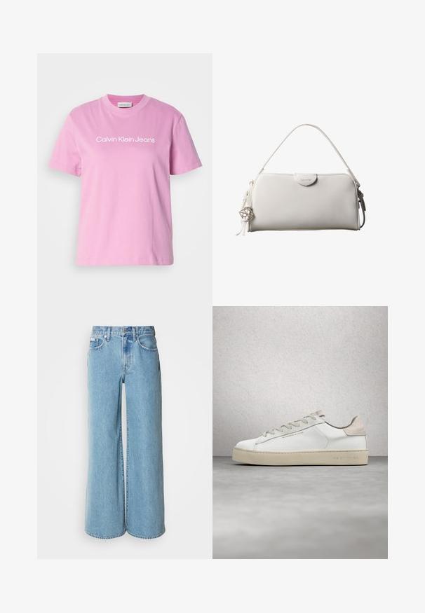 T-shirt en coton rose avec des manches courtes et un col rond, avec "Calvin Klein Jeans " imprimé en blanc sur la poitrine.; Jean large bleu clair en denim, avec une taille haute, un design à cinq poches et un léger dégradé sur le tissu.; Sneaker en cuir blanc avec une finition lisse, accents en suède beige, bout arrondi, design à lacets plats et semelle en caoutchouc texturée.; Sac à main rectangulaire blanc Calvin Klein avec une seule poignée, design minimaliste et pampilles décoratives avec un charm métallique géométrique sur le côté.