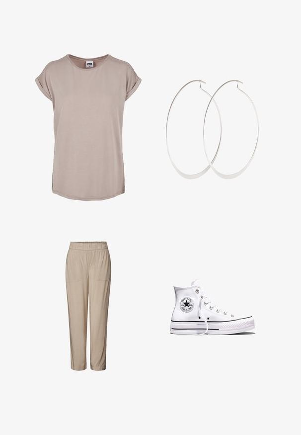 Camiseta de color beige pálido hecha de tejido suave, con cuello redondo y mangas cortas enrolladas, con aberturas laterales y un ajuste relajado.; Pantalones beige con cintura elástica, dos bolsillos frontales, diseño de pierna entallada y textura suave. Adecuados para un uso casual o relajado.; Zapatilla Converse Chuck Taylor All Star blanca de caña alta con rayas negras y parche de logo en el lateral, mostrada sobre un fondo blanco liso.; Pendientes de aro plateados con un diseño delgado y suave; forma ovalada alargada; acabado pulido; presentan un cierre de gancho seguro.