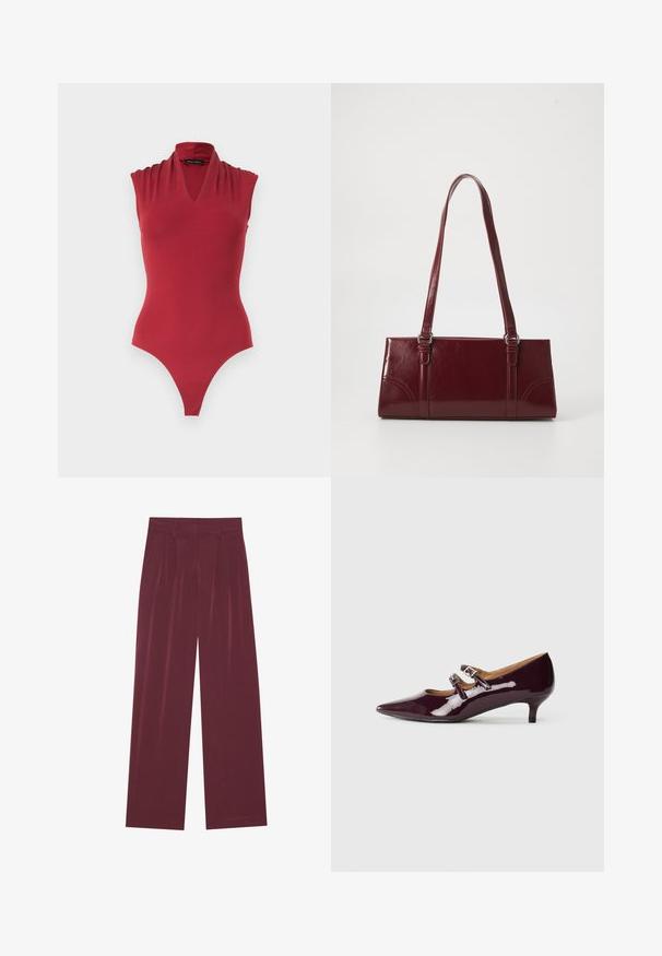 Rode mouwloze bodysuit met een V-hals en geplooide schouderdetails, ontworpen voor een aansluitende pasvorm.; Bordeaux wijde broek met voorplooien, zijzakken, riemlussen en een verborgen sluiting aan de voorkant.; Paarse gepatineerde leren hakken met een spitse neus, twee gesps onderdelen en een lage hak. Glad textuur met een glanzende afwerking.; Bourgondische handtas van glanzend materiaal, rechthoekige vorm, met twee schouderbanden en subtiele gebogen accenten aan de voorkant.