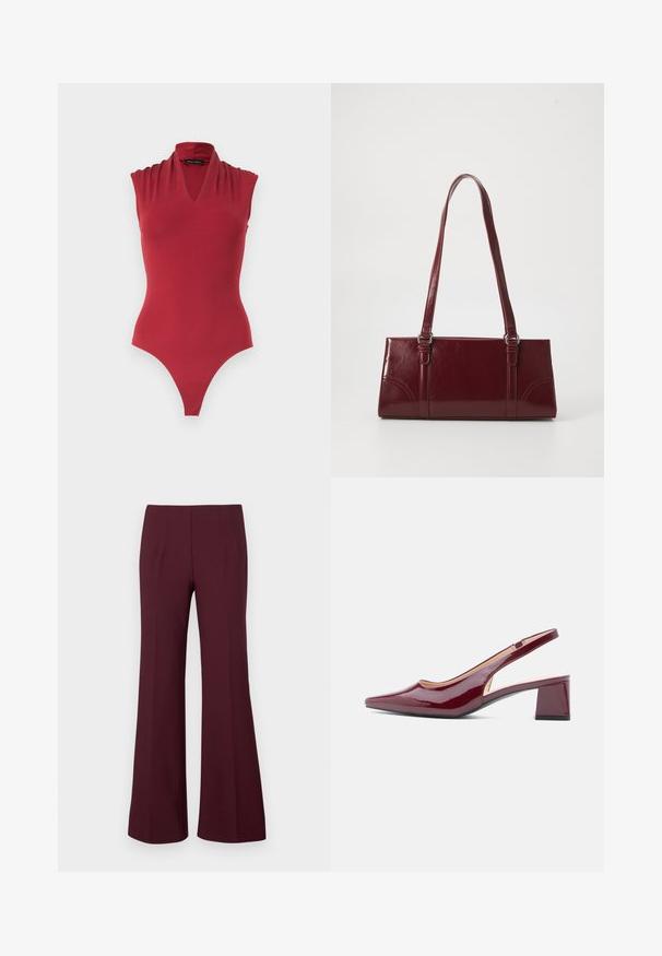 Body rouge sans manches avec un décolleté en V et des détails froncés aux épaules, conçu pour une silhouette ajustée.; Pantalons évasés bordeaux taille haute avec pinces à l'avant et coupe ajustée, présentés sur fond blanc.; Escarpins slingback en cuir verni bordeaux avec un bout pointu, une découpe sur le côté et un talon bloc. Texture lisse et finition brillante.; Sac à main bordeaux en matériau brillant, de forme rectangulaire, avec deux anses et des accents légèrement courbés à l'avant.