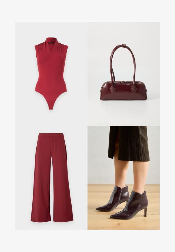 Rode mouwloze bodysuit met een V-hals en geplooide schouderdetails, ontworpen voor een aansluitende pasvorm.; Wijdvallende broek in een diepe bordeauxkleur. Gemaakt van een soepele, rekbare stof met op maat gemaakte naden en een rits aan de voorkant.; Bordeaux leren enkel laarzen met een spitse neus en slanke hak. Beschikt over een zijrits en een gladde, glanzende textuur.; Bordeaux leren handtas met een gebogen vorm, dubbele handvatten, ritssluiting en subtiele stiksels. Gladde, hoogglanzende afwerking.