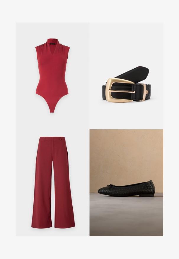 Body rouge sans manches avec un décolleté en V et des détails froncés aux épaules, conçu pour une silhouette ajustée.; Pantalons larges d'une couleur bordeaux profond. Fabriqués dans un tissu lisse et extensible avec des coutures tailleur et une fermeture éclair à l'avant.; Ballerine tissée noire avec un bout rond, une semelle fine et un petit détail nœud à l'avant. Placée sur une surface beige texturée.; Ceinture en cuir noir avec une boucle rectangulaire en or. La ceinture a une texture lisse et un subtil détail de couture le long des bords.
